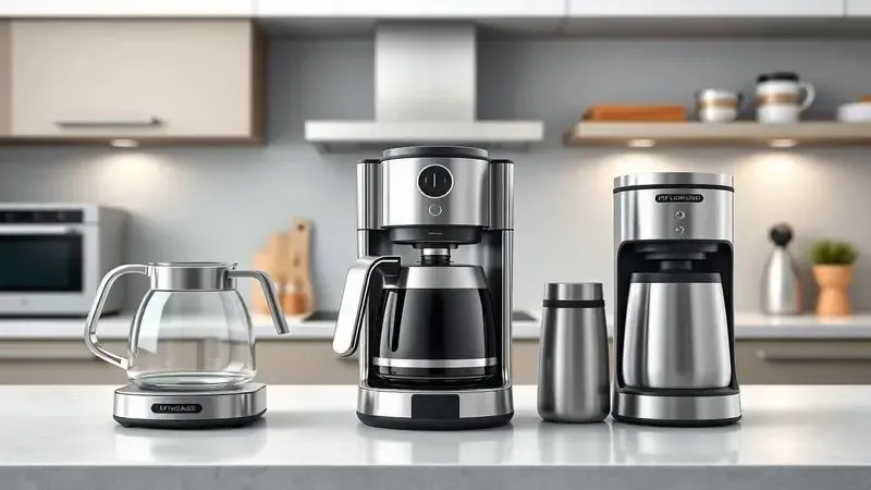 Três modelos diferentes de cafeteiras sem marca em tamanhos variados sobre bancada de cozinha moderna e minimalista
