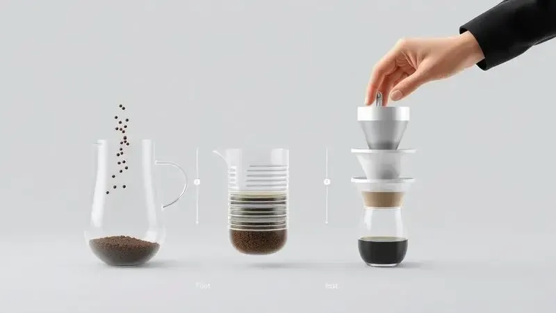 Ilustração conceitual dos passos para preparar café em uma prensa francesa, de forma diagramática.