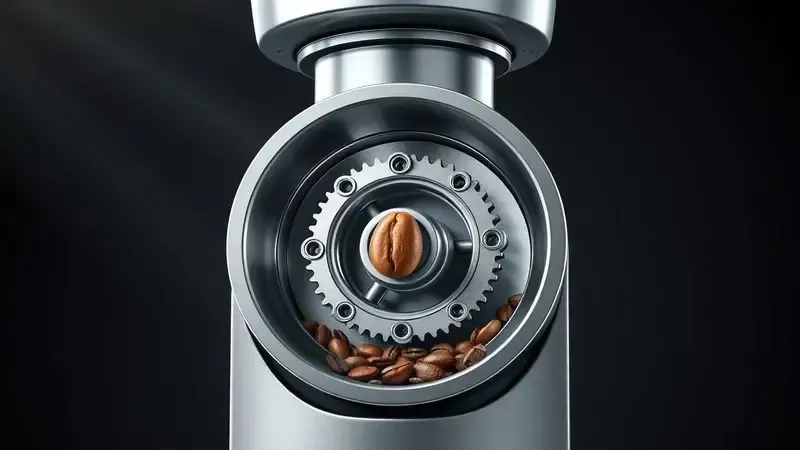 Render 3D artístico de um moedor de café do tipo cônico em corte, mostrando seu mecanismo interno.