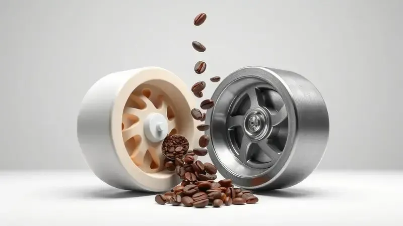Ilustração conceitual de mós de moedor lado a lado: cerâmica e aço, com grãos de café passando entre elas.