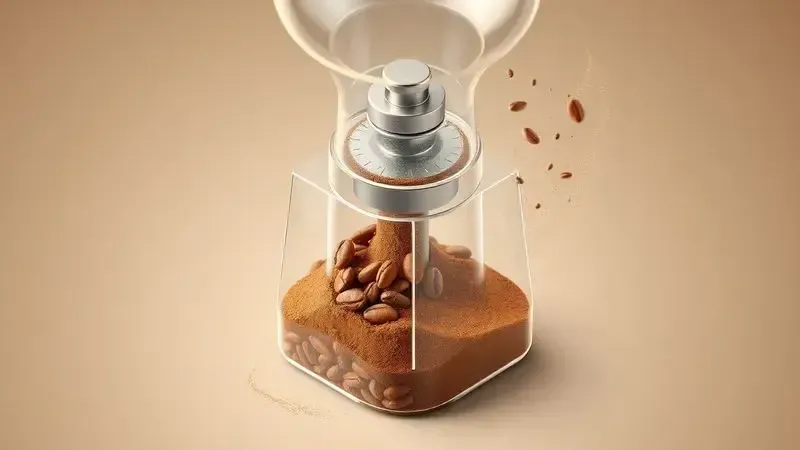 Ilustração conceitual de um moedor de café integrado moendo grãos e liberando partículas de aroma.