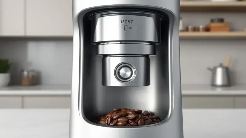 Moedor integrado de café com ajustes precisos em uma bancada de cozinha moderna e limpa.