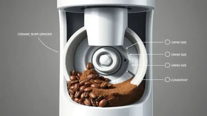 Ilustração conceitual em corte de moinho de cerâmica dentro de uma cafeteira automática, mostrando a moagem de grãos em diferentes níveis.