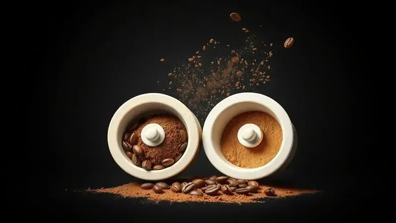 Ilustração em corte conceitual de mós de cerâmica moendo grãos de café em pó fino.