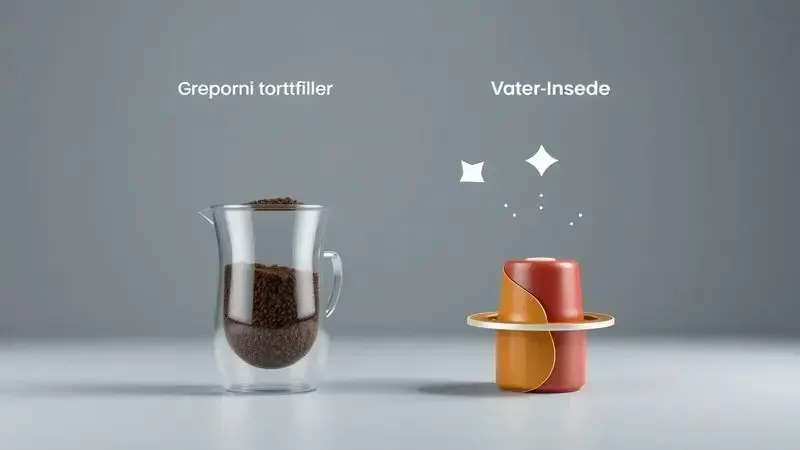 Ilustração conceitual dos dois métodos de preparo: café em pó no porta-filtro e cápsula de café no suporte.