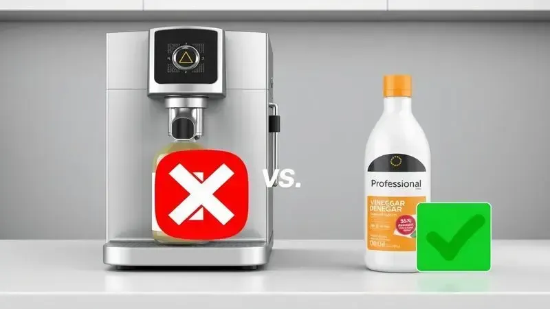 Cena conceitual alertando contra o uso de vinagre na cafeteira, recomendando descalcificante profissional.