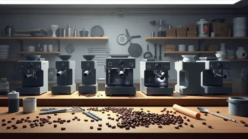 Cena conceitual de oficina de máquinas de café expresso com ferramentas e grãos artisticamente dispostos