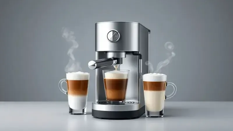 Cena ilustrativa de cafeteira com diversas opções de preparo incluindo vaporizador para espumar leite