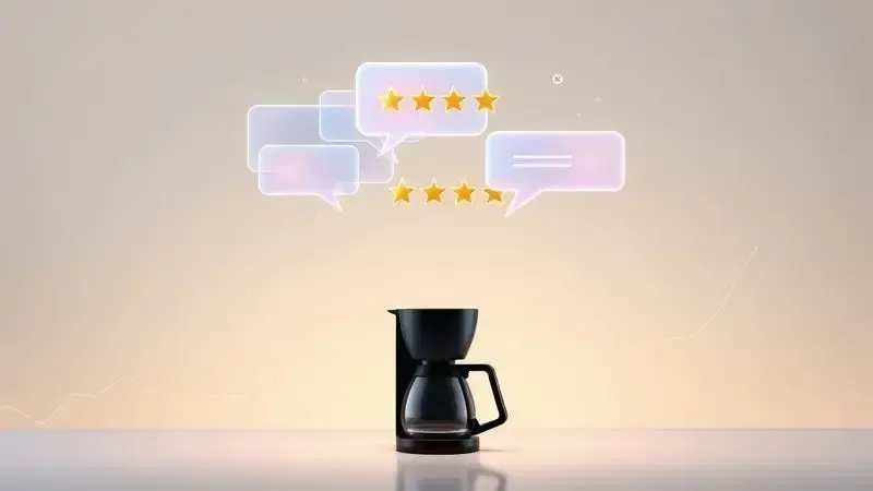 Ilustração conceitual de opiniões e avaliações de clientes representadas por bolhas de fala e estrelas flutuantes sobre silhueta de cafeteira.