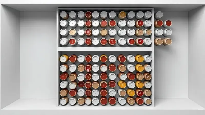 Sistema de organização conceitual para cápsulas de café com disposição ordenada e minimalista.
