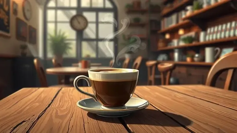Ilustração conceitual da origem do cappuccino com xícara italiana e espuma de leite em mesa de madeira.