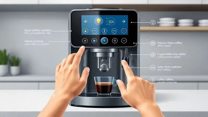 Ilustração conceitual de painel de controle intuitivo para cafeteira com múltiplas funções