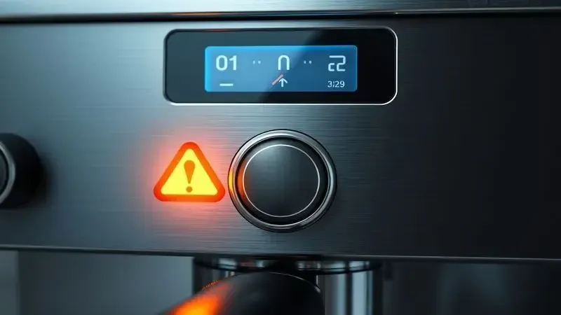 Painel de controle de máquina de café com luz amarela de alerta acesa