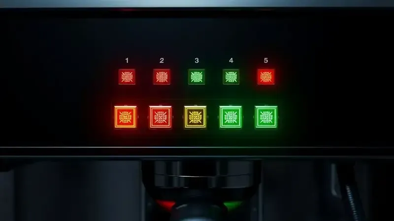 Painel de controle de cafeteira com luzes coloridas piscando indicando diferentes estados de erro