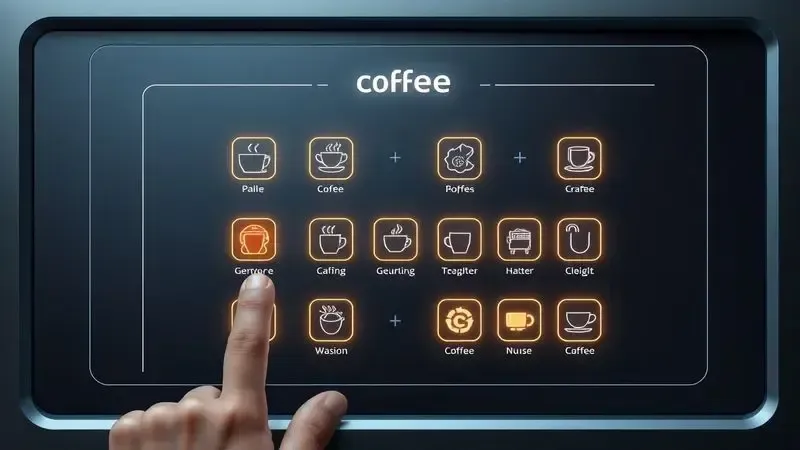 Ilustração digital de um painel de controle touch futurista e intuitivo para cafeteira, com ícones luminosos.