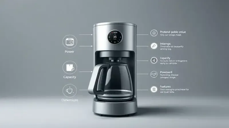 Painel conceitual de especificações técnicas para cafeteira com ícones abstratos
