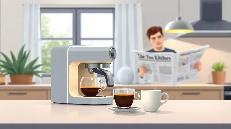 Cena conceitual de uma cozinha aconchegante com máquina de café e uma pessoa desfrutando um espresso matinal.