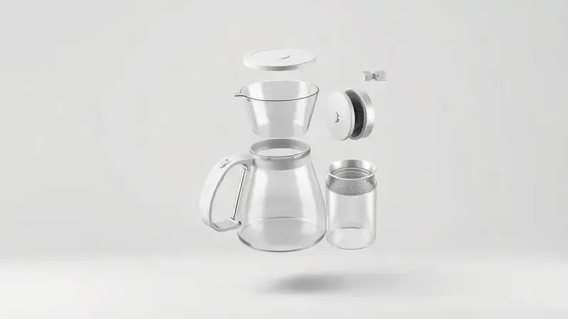 Diagrama ilustrativo em 3D das partes removíveis de uma cafeteira para limpeza, como jarra e cesto.
