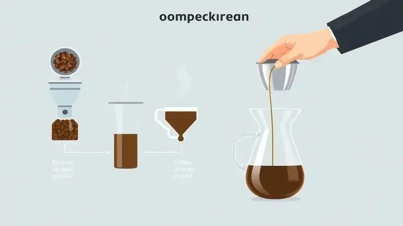 Ilustração de passo a passo conceitual para fazer café perfeito em cafeteira industrial, do grão à xícara.
