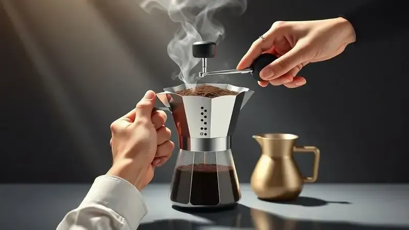 Ilustração conceitual em 3D mostrando mãos montando cafeteira italiana com grãos de café e vapor artístico.