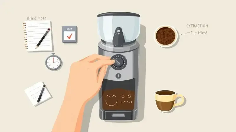 Ilustração passo a passo mostrando como ajustar a moagem do café em casa com ferramentas de calibração