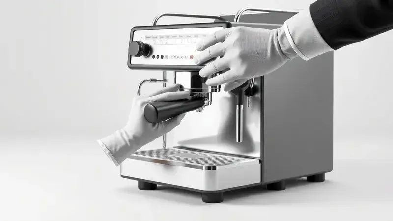 Ilustração de mãos com luvas aplicando técnica de vibração segura para destravar alavanca de cafeteira.