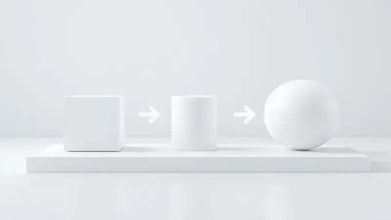 Ilustração 3D de formas geométricas conectadas por setas, representando conceitualmente um passo a passo de funcionamento.