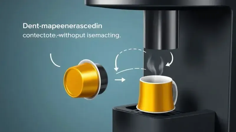 Ilustração educativa do processo correto de inserção de cápsulas na máquina de café, conceito 3D
