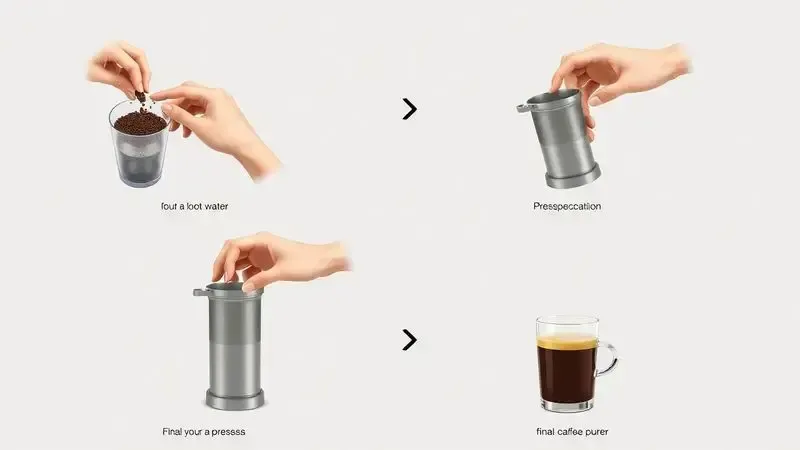 Sequência ilustrativa do processo de preparo do café na cafeteira portátil pressca desde os grãos até a bebida final