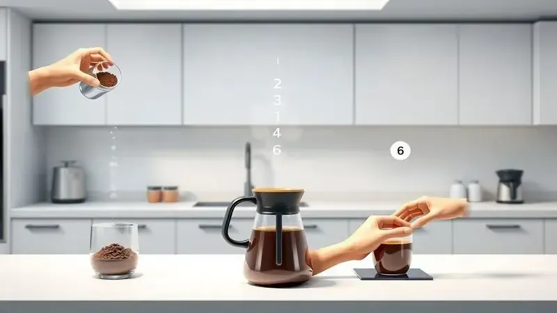 Sequência ilustrativa de preparo de café com etapas de adicionar pó, água e acionar cafeteira em cozinha moderna.