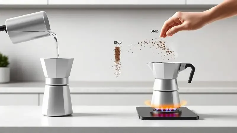 Sequência ilustrativa dos passos principais para preparar café na cafeteira italiana, incluindo água quente e fogo baixo.