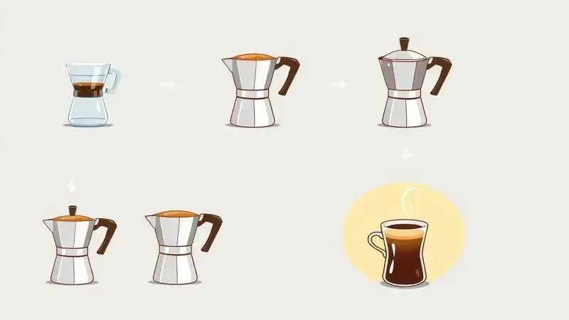 Ilustração sequencial dos passos para fazer café na cafeteira italiana sem queimar.