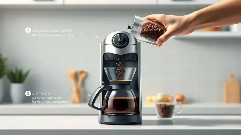 Ilustração passo a passo do processo de preparo de café em cafeteira moderna com indicações visuais