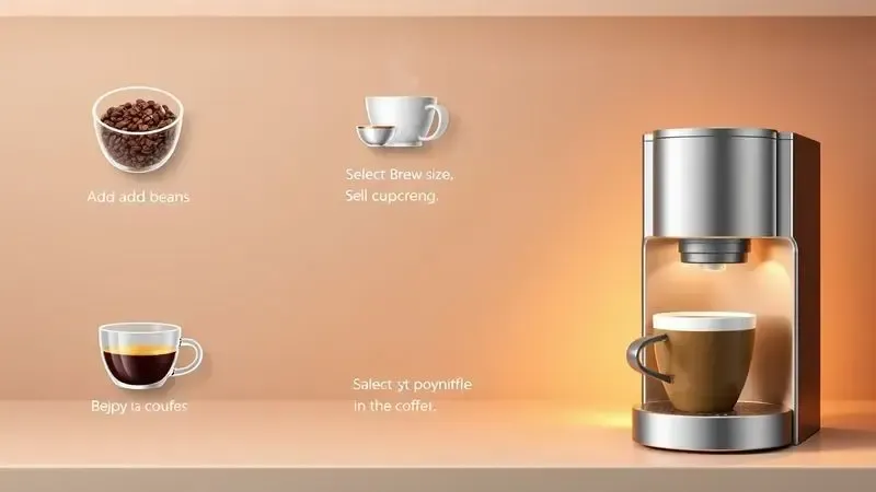 Ilustração 3D mostrando o passo a passo do preparo de café em máquina moderna com moedor integrado.