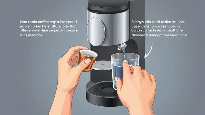 Guia ilustrado dos passos para usar uma cafeteira de cápsulas pela primeira vez.