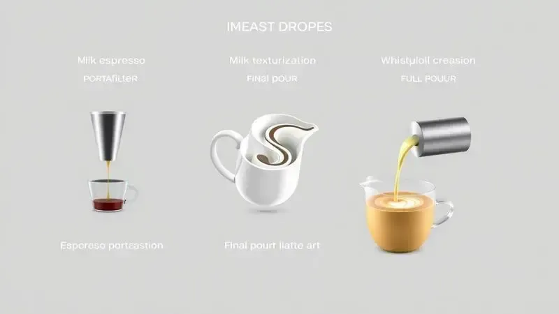 Sequência ilustrativa dos três passos principais para fazer cappuccino: extração, texturização e montagem.