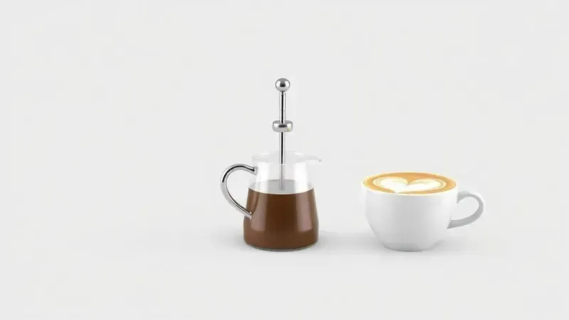 Ilustração conceitual dos passos principais para preparar um cappuccino: moer, cremar o leite e servir.
