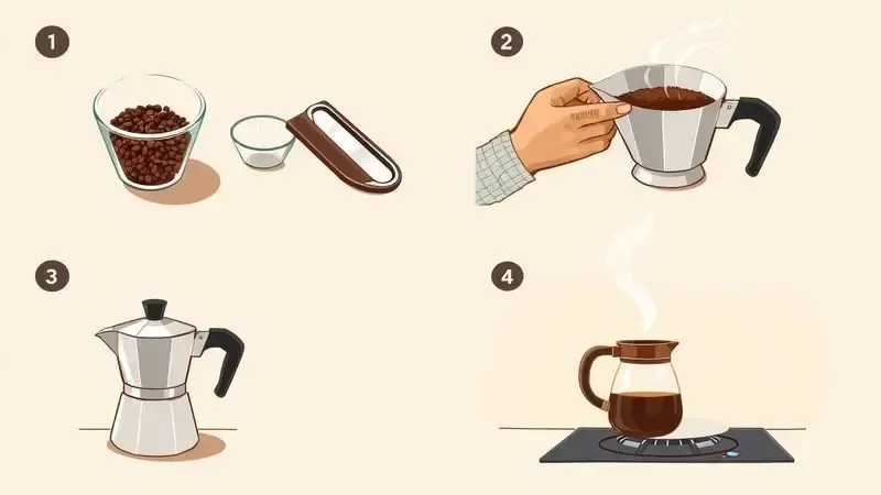 Sequência ilustrativa dos passos para preparar café na cafeteira italiana, mostrando medição, enchimento e montagem