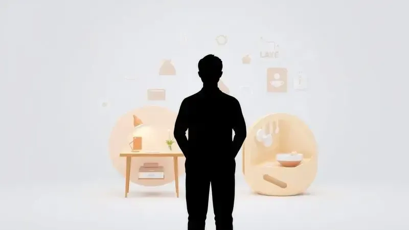 Render 3D artístico de uma silhueta contra ícones de estilo de vida, representando o perfil do usuário ideal para a cafeteira.