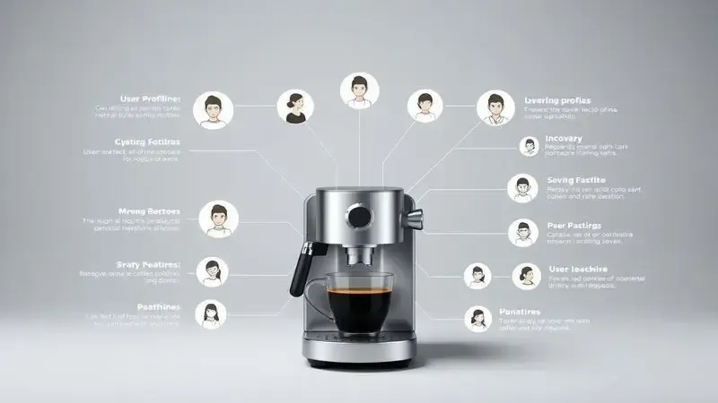 Composição visual mostrando diferentes perfis de usuário e suas preferências em máquinas de café em cápsula.
