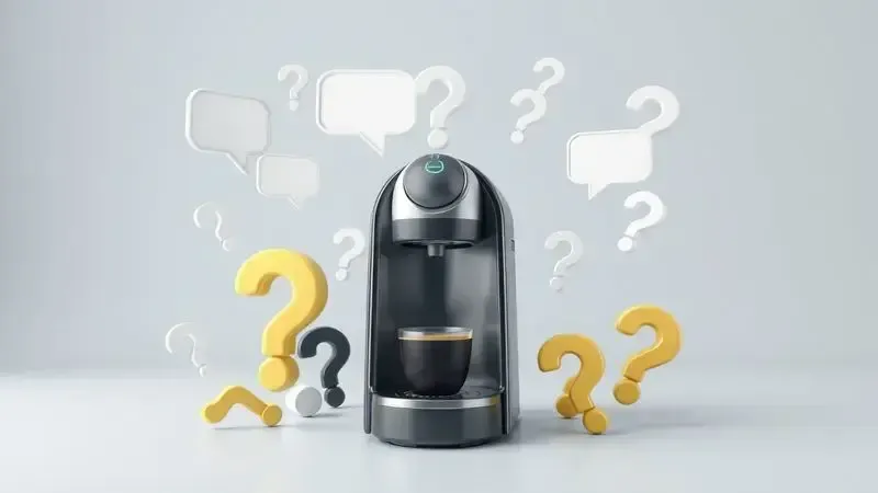 Ilustração 3D de perguntas frequentes sobre cafeteiras de cápsulas com balões de diálogo.