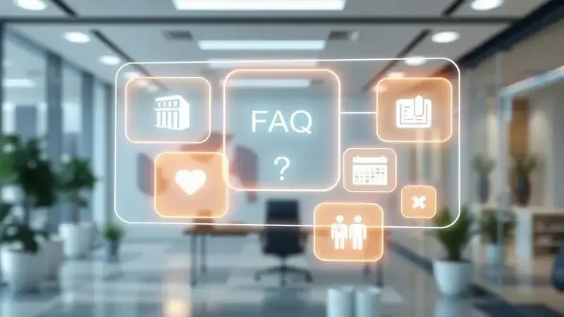Render artístico conceitual de uma interface de perguntas frequentes luminosa e translúcida, flutuando em um ambiente de escritório moderno.