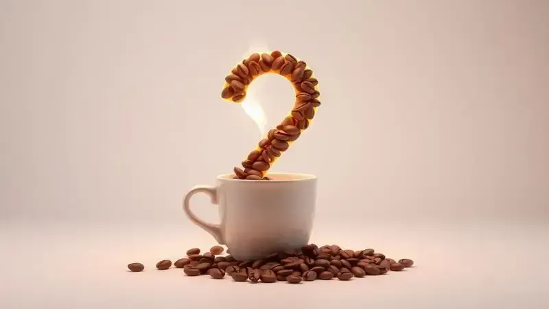 Render 3D artístico de um ponto de interrogação feito com grãos de café e vapor, representando dúvidas comuns.