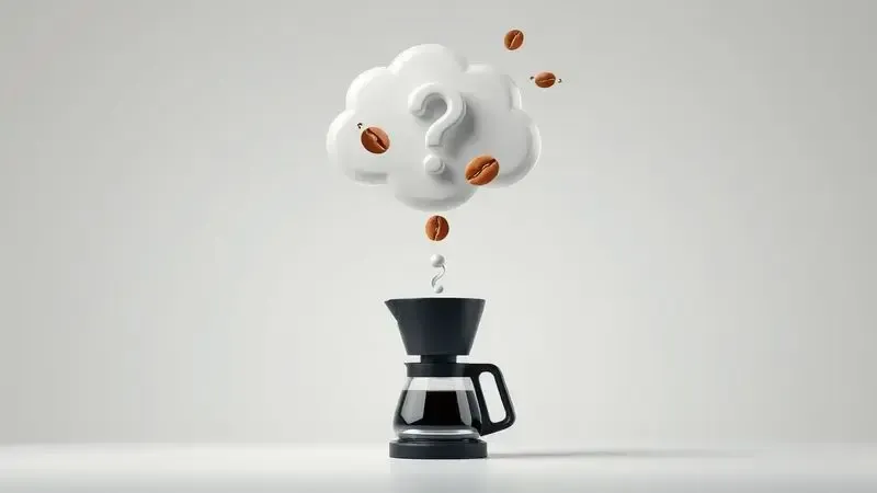 Ilustração digital conceitual de cena de perguntas frequentes com cafeteira e ícones abstratos