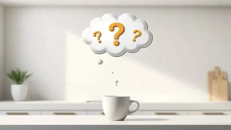 Ilustração conceitual de perguntas frequentes sobre cafeteiras em cena de cozinha minimalista