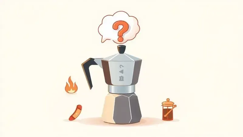 Cena ilustrativa conceitual representando perguntas frequentes e dúvidas comuns sobre o uso da cafeteira italiana.