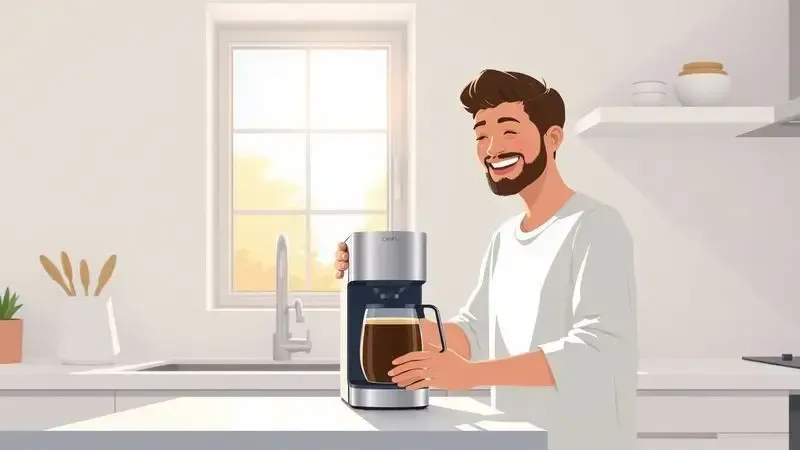 Pessoa preparando café com cafeteira individual em cozinha moderna iluminada pela manhã, cena conceitual de praticidade