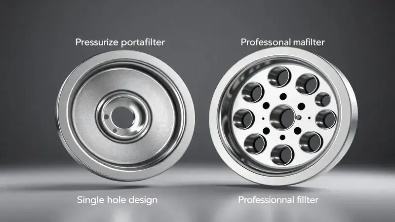 Comparação visual entre porta-filtro pressurizado e profissional para cafeteira espresso, mostrando diferenças de construção.