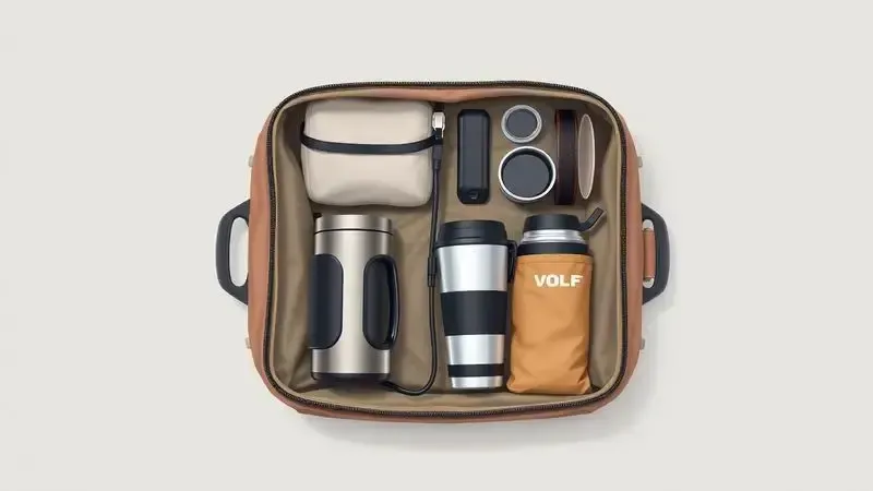 Maleta de viagem organizada com acessórios de café portátil e itens essenciais