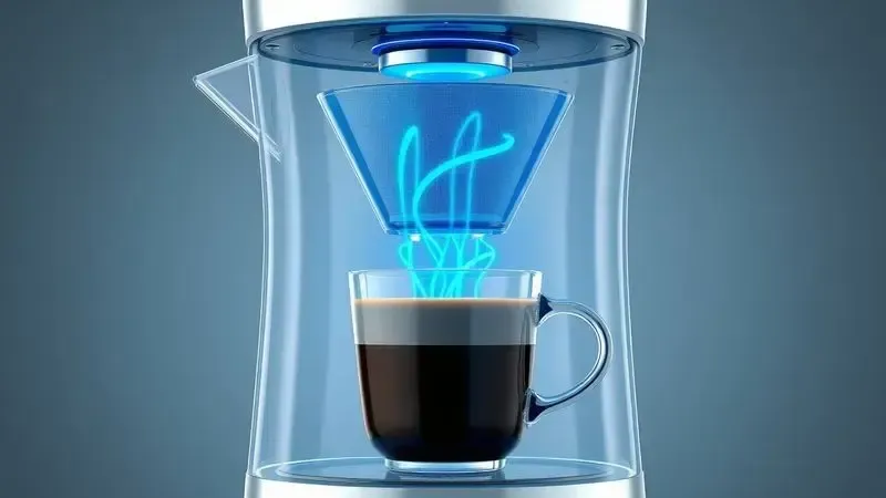 Ilustração conceitual 3D de energia e eficiência no preparo do café com ondas de energia azuis